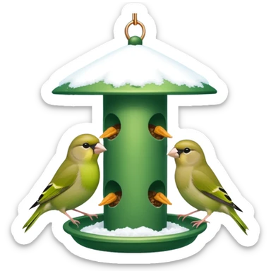 3 Green finch feeding on a bird feeder in the snow sticker