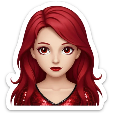 Chappell Roan (b.1998) with long dark red hair, red sequin outfit, makeup sticker