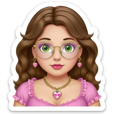 Girl girl with middle parted long wavy brown hair. green gold eyes. Plus size. pink frilly top. gold nose ring. pink heart crystal necklace. Gold rimmed glasses sticker