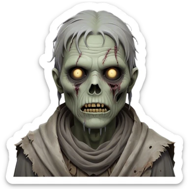 Cinematic Noble Zombie Portrait Emoji, Surprisingly dignified and somber, with a decaying yet strangely regal visage in ashen grays and muted tones, draped in tattered attire hinting at a lost grandeur, simplified yet meticulously detailed, glowing with a soft, eerie radiance and a gentle outline that evokes the tragic nobility of the undead! sticker