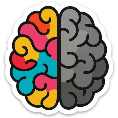flat toon style split brain, left side vibrant, right side grayscale sticker