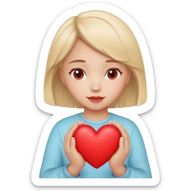 sweet girl with light hair holding a red heart in both hands, soft colors sticker