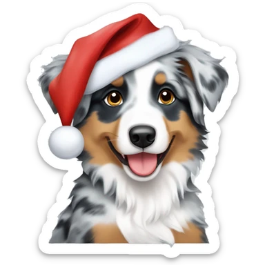 a blue merle australian shepherd puppy in a santa hat sticker