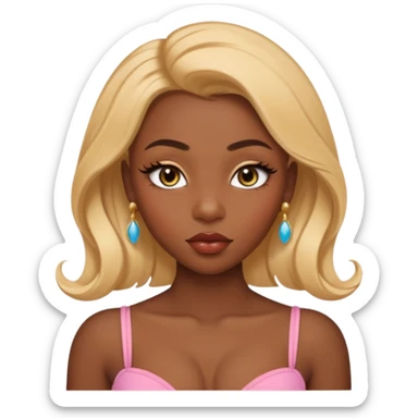 darkskin female with eyebrows that are naturally shaped and frame eyes well, eyes that are almond-shaped with defined lashes. nd lips are full with a defined cupid’s bow, add also a septum piercing that adds an edgy, stylish flair. a middle-part, honey blonde bust-down with laid baby hairs sticker