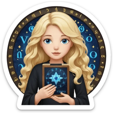 A long wavy haired blonde girl with blue eyes, wearing black, holding astrology chart with Virgo symbol  sticker