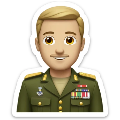 White man with brown side part and a small moustache with a green military uniform sticker