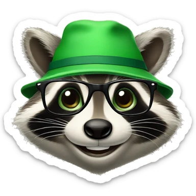 smiling friendly raccoon wearing green hat with read glasses on hat   sticker
