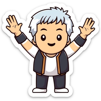 legendary film director with white hair, raising both hands dramatically, expressive face sticker