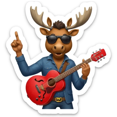 A man with a moose head in alaska pointing a red guitar directly up in the air. Make the graphics gritty and realistic like the moose man is a villian in a high budget batman movie. sticker