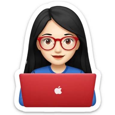 filipino long hair black fair skin with red eyeglasses freelancer with MacBook, smiling. sticker