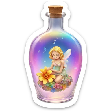 Antique oil heart bottle made of crystal glass of all gentle colors of the light rainbow, a living flower fairy sits at the bottom of the bottle sticker