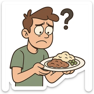 cartoon person with a food plate, looking at it with doubt, question mark above head sticker