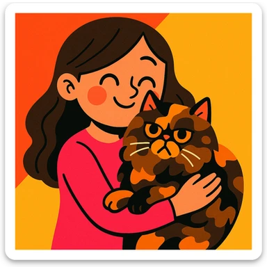 brunette girl holding a tortoiseshell Persian cat close, cartoon style, affectionate and soft sticker