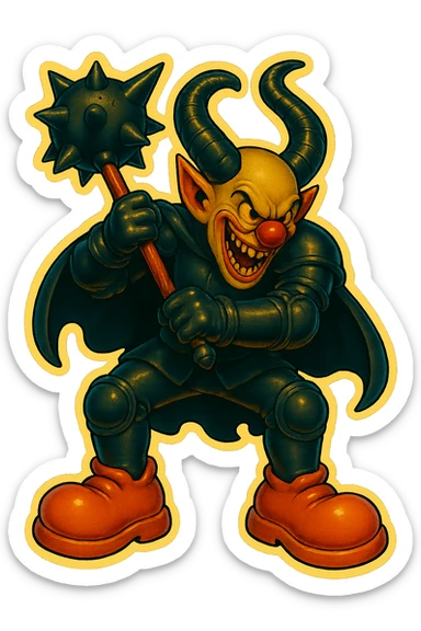 A menacing armored clown with ram horns, holding a mace with an oversized spiked head, wearing a short cape and glossy black on matte black armor, but with exaggerated, oversized clown shoes, full body, vibrant retro stickers style, transparent background. sticker