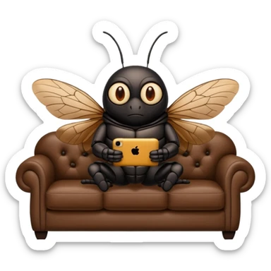 Black Cicada cartoon style watching on a phone sit on a brown sofa  sticker