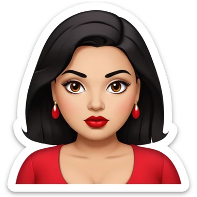 Glamorous full-figured young woman with defined features, brown skin, expressive dark eyes, thick eyebrows, full lips with red lipstick, sleek black hair, slightly plump, wearing a red blouse sticker