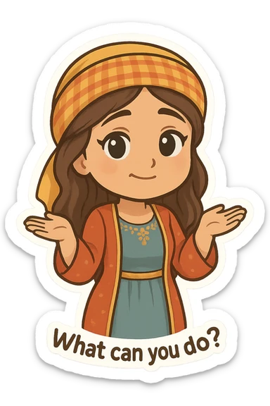 Kurdish woman in a new dress, shrugging with a 'what can you do?' expression, no text sticker