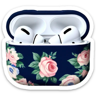 AirPods Pro in floral case with white and navy blue roses pattern on the case sticker