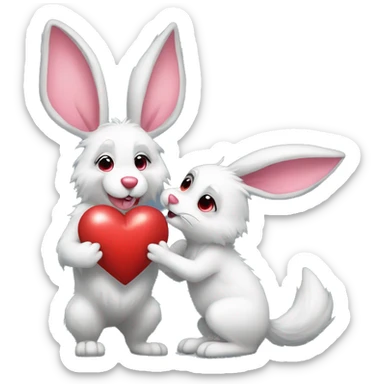 Old kind Wolf kiss a white Bunny who has pink ears, with big red heart between them. Heads only, with no body  sticker