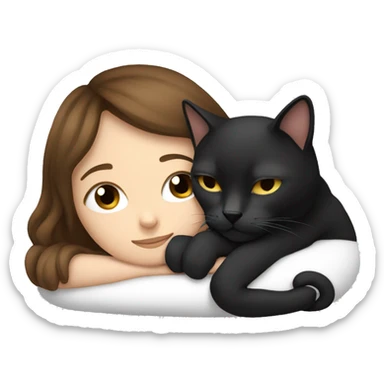 Girl with brown hair sleeping with black and white cat sticker