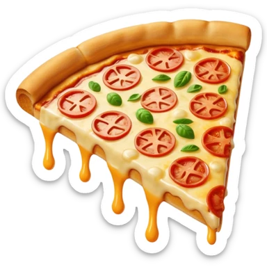 A cute 3D emoji-style pizza slice with glossy finish, thick melted cheese, golden crust, vibrant toppings, smooth cartoon design, soft lighting, clean background, high-quality modern emoji look. sticker