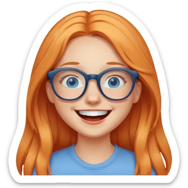 a girl with blue eyes, glasses and light orange long hair laughing sticker