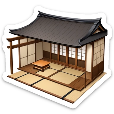 traditional Japanese house with wooden structure, sliding shoji doors, and tatami mat flooring sticker