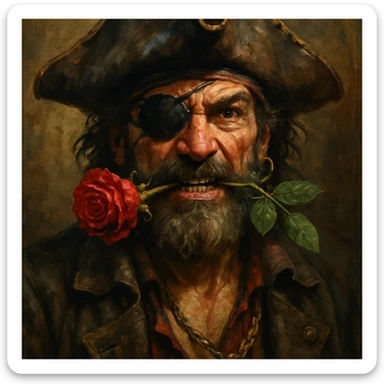 detailed, expressive pirate with an eye patch on his left eye and a rose between his teeth sticker