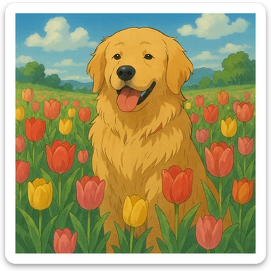 golden retriever surrounded by tulips in ghibli style sticker