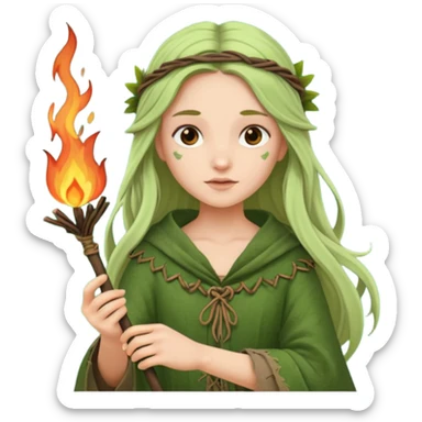 ancient european girl, tattered leaf green cloth, hold fire stick sticker