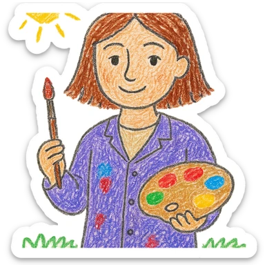 Serene female oil painter, Caucasian features, shoulder-length auburn hair, soft brown eyes, gentle smile, wearing a violet painter’s smock lightly stained with paint over a beige blouse, holding a wooden palette with vibrant colors in one hand and a brush in the other, waist-up, front-facing sticker