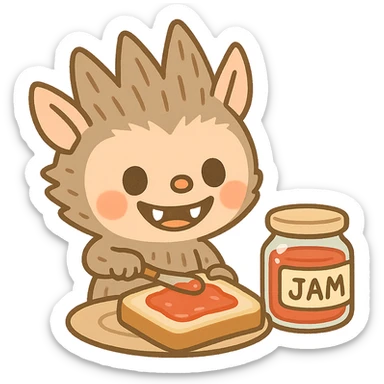Labubu character spreading jam on bread, smiling, cute cartoon style sticker