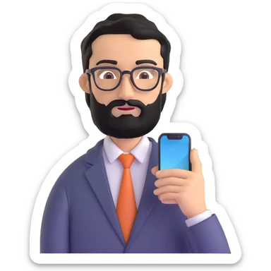same professional man with medium black beard, neat black hair, connected unibrow, olive tan skin, brown eyes, glasses, prominent nose, in business casual attire, looking at mobile phone screen sticker