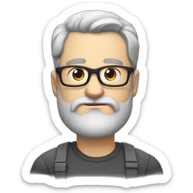 frowning white man with medium lenght dark hair and beard and glasses and sticker