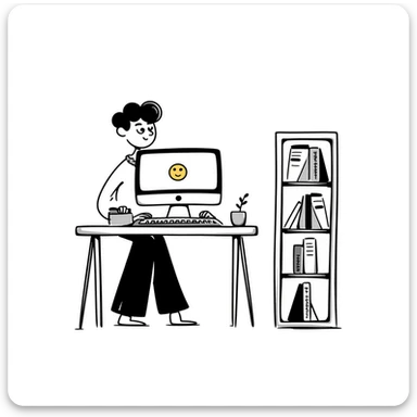 Home office with desk, computer and bookshelf sticker