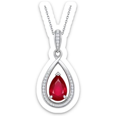 teardrop-shaped ruby pendant cradled in a delicate silver chain, haloed by shimmering white stones sticker