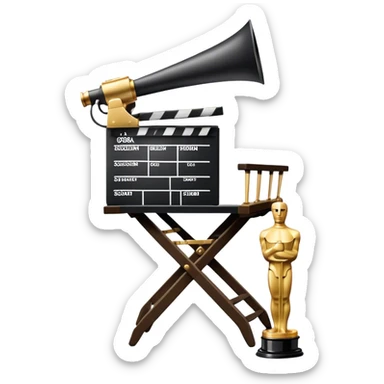 Icon for Directing: a director's chair, a film slate, a megaphone, a stage set with lights, and an Oscar statuette. The icon should represent the creative and leadership aspects of directing, with focus on film and theater production. Transparent background. sticker