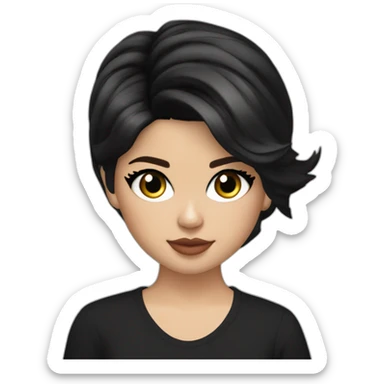 Selena gomez, con cabello corto a los hombros, algo ondulado, con anteojos de marco negro y ojos delinedos en negro en el párpado  sticker