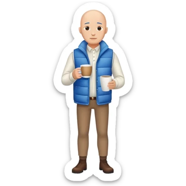 full body bald man wearing long sleeve white shirt with blue puffy winter vest holding a cup of coffee in front of him and nothing in his other hand sticker