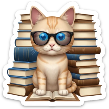 Cat with sunglasses ocean blue light and stand up over a desk full of books sticker