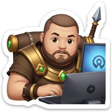 buzz cut brown hair bearded man that is chubby playing world of warcraft game on pc sticker