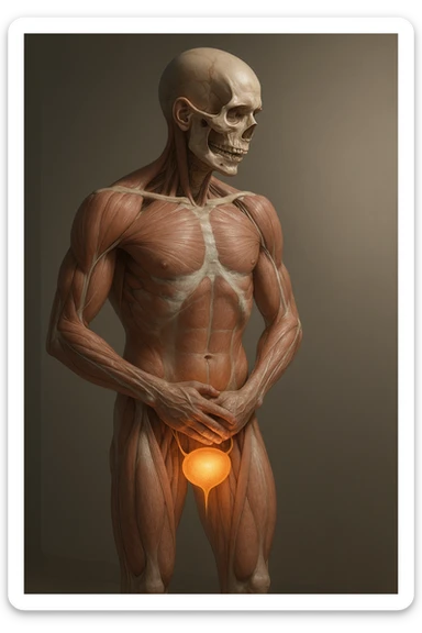 CORPO UMANO ANATOMICO CHE SI SVEGLIA LA NOTTE PER SVUOTARE LA VESCICA, VESCICA ANATOMICA IN EVIDENZA, IPERREALISTICO SFONDO CHIARO NEUTRO sticker