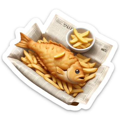 Fish and Chips Cinematic Realistic Fish and Chips Dish Emoji, depicted as a crispy battered fish fillet and golden chips served in traditional newspaper wrapping, rendered with lifelike textures and warm natural lighting that captures its iconic British street food charm  . sticker