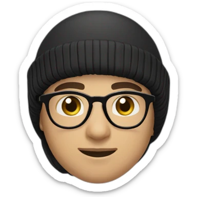 a light skin Pakistani teenager, wearing round glasses, short moustache, black hair, black jumper/sweater, structured manly face, blue islamic cap sticker