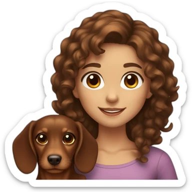 Girl long curly brown hair smiling and brown eyes and holding a dachshund  in her arms sticker