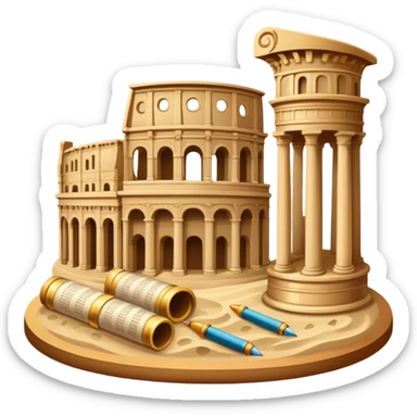 icon featuring ancient scrolls, quill pen with famous historical landmarks and monuments in the background like colliseum. Large, antique sand clocks with sand pouring out represent the passage of time. Historical figures are depicted as statues. Transparent background. sticker