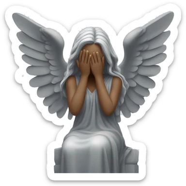 gray statue of angel in long dress with wings. Her hands are covering her eyes like she's crying sticker