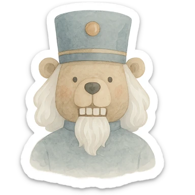 profile picture of a nutcracker bear with white hair, visible teeth, and a classic nutcracker hat, painterly style sticker