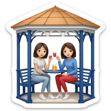 Two brunette women sitting inside a white gazebo sticker