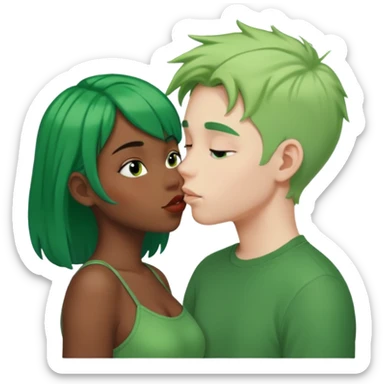 Black girl with green hair kissing white boy sticker